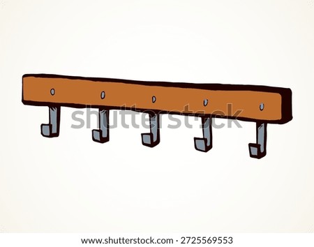 Old timber bath peg plank panel decor on white hall backdrop. Outline black ink hand drawn decoration object logo emblem in retro art doodle cartoon style on space for text. Closeup holder pictogram