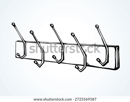 Old timber bath peg plank panel decor on white hall backdrop. Outline black ink hand drawn decoration object logo emblem in retro art doodle cartoon style on space for text. Closeup holder pictogram