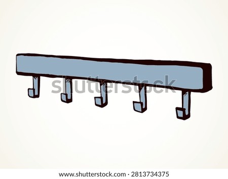 Old timber bath peg plank panel decor on white hall backdrop. Outline black ink hand drawn decoration object logo emblem in retro art doodle cartoon style on space for text. Closeup holder pictogram