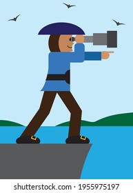 An old time explorer with a telescope is pointing at something he has spotted