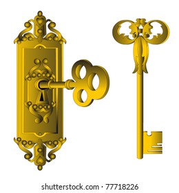 The Old time lock with key, insulated on white background.