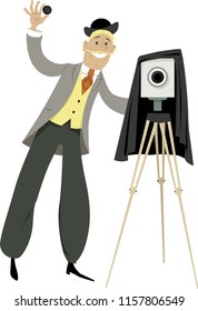 Old time photographer with a vintage camera, EPS 8 vector illustration