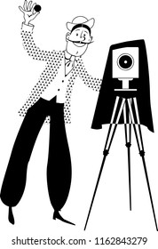 Old time photographer with a vintage camera, EPS 8 vector illustration, no white objects