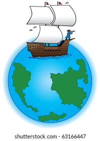 Old time sailing ship on globe. Captain in bow with telescope.
