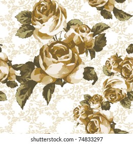 old time seamless rose pattern on curly leaves background
