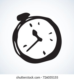 Old timekeeper emblem on white backdrop. Freehand linear black ink hand drawn picture logo sketchy in art retro scribble style pen on paper. Closeup view with space for text