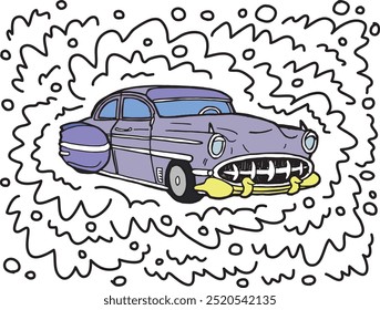 Coche viejo del contador de tiempo con una ilustración del dibujo del doodle. Detalle colorido del logotipo de la limusina del automóvil viejo y retro dibujado a mano. Dibujo retro de la pluma del contorno del coche del crucero de carretera de lujo. Logotipo de Antiguas Transport.