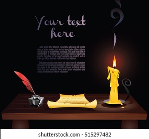 Old times. Letter written on old piece of paper, ink and feather quill pen standing beside candle on the desk. Vintage writing instruments. Wide copy space for text. 