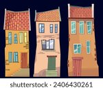 Old tiny houses vector illustration. Tiled roof and stone chimney. Houses facade with large windows and wooden doors