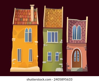 Old tiny houses vector illustration. Tiled roof and stone chimney. Houses facade with large windows and wooden doors