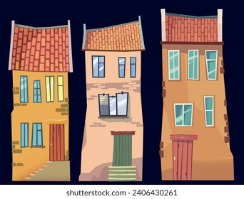 Old tiny houses vector illustration. Tiled roof and stone chimney. Houses facade with large windows and wooden doors