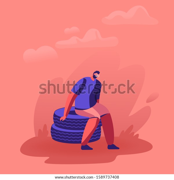 Old Tires Recycled and Reused to Create Nice\
Garden Chairs. Man Sitting on Stacked Tyres in Home Yard. Creative\
Idea for Using Car Wheels, Environment Protection. Cartoon Flat\
Vector Illustration
