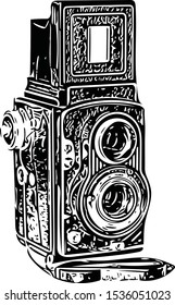 Old TLR camera. Twin Lens Reflex. Vector. Vector monochrome illustration