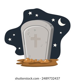 Old tombstone standing under night sky with moon and stars