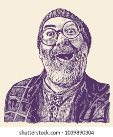 Old Toothless Grandfather In Round Glasses with a moustaches and gray beard. Happy, enthusiastic and surprised. retro engraving style. vector illustration.