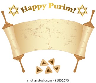 Old Torah scroll, David stars and Pies isolated on white. Vector illustration.