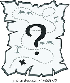 Old torn map with a question mark, black-and-white, isolated