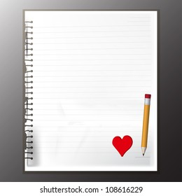 Old torn paper and lines with yellow pencil and red heart for decoration, vector eps 10
