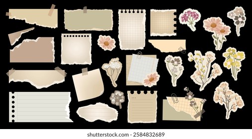 Old Torn paper notes vintage style,floral stickers Aesthetic collection for scrapbooking, journaling,digital planners, and creative designs,set elements.Retro Notebook Paper Pieces Vector illustration