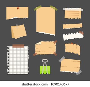 Old torn paper with ragged edge. Vintage note papers collection. Vector illustration.