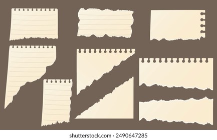 Old torn paper sheets set.  Scrapbook elements collection. Lined paper vector illustration.