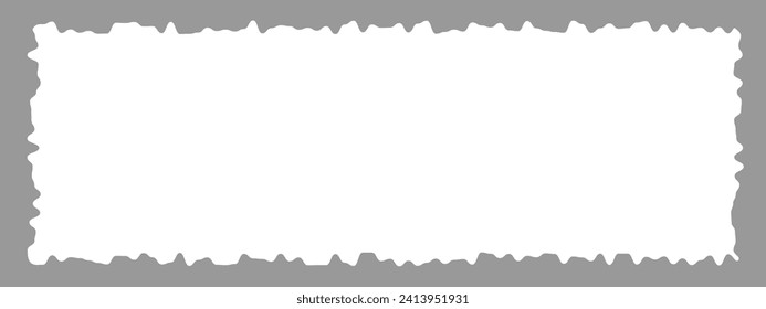 Old torn paper texture. Blank white rectangle shape with ripped edges isolated on gray background. Empty jagged textbox, label, tag, patch template or collage element. Vector graphic illustration