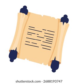 An old, torn scroll with text written on it, rolled up and tied with dark blue ribbons.