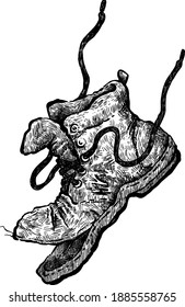 Old torn shabby boot on a white background.
Black and white hand drawn illustration