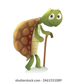 Old Tortoise or land turtle walking with cane or walking stick. Cute old Tortoise animal character for children story . Turtle illustration for kids fairytale. Vector cartoon clipart.