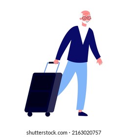 Old tourist with bag flat vector illustration. Group of people travelling abroad. Family with bags going from airport