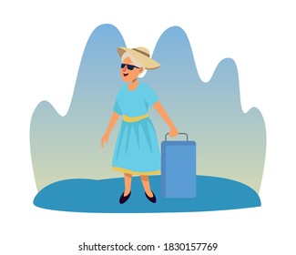 old tourist woman wearing hat and sunglasses with suitcase vector illustration design
