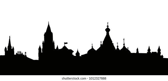 Old touristic scenic st. Vasily Blessed view at vintage spasskaya downtown memorial place. Dark black ink hand drawn picture icon sign symbol in art retro graphic style and space for text on white sky