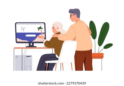 Old tourists couple choosing tour online. Modern senior spouse surfing, browsing internet for holiday travel, trip at computer, using technology. Flat vector illustration isolated on white background