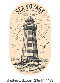 Old tower lighthouse shines on an island washed by sea waves. Beacon vintage sketch vector illustration engraving style