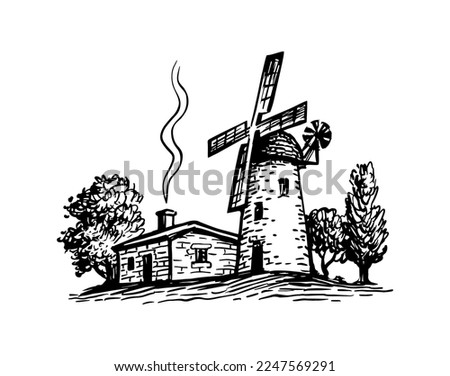 Old tower mill and house. Hand drawn ink sketch.