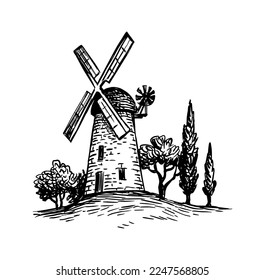 Old tower mill ink sketch. Retro style illustration.
