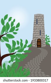 old tower with narrow windows and a wooden door on the top of the mountain, road to the tower