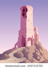 Vieja torre en la parte superior de la toma de fondo de la montaña, estilo de dibujos animados utilizado como una interfaz de sitio web de juegos