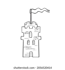 An old tower with a window and a door. Stone tower with a door. Vector illustration.