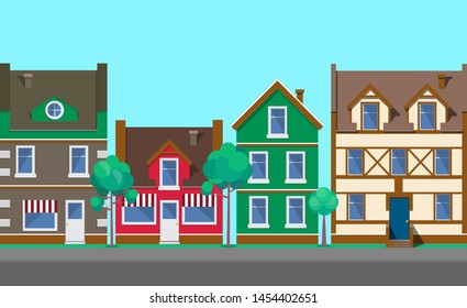 Old town architecture and buildings vector, home and houses with decorative, floral plants and bushes, paved road and fine weather, tourist attraction