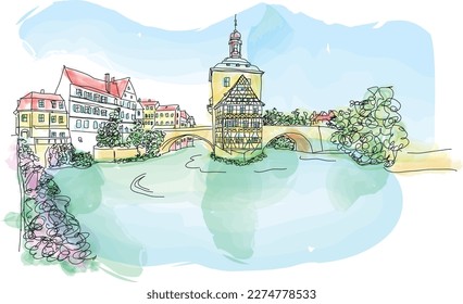 Old town Bamberg in Bavaria, Germany.  Vector, watercolor illustration