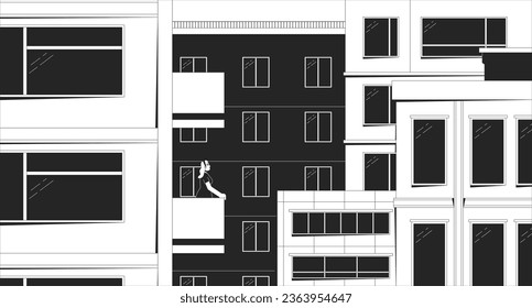 Old town black and white lo fi aesthetic wallpaper. City buildings. Woman on balcony outline 2D vector cartoon exterior illustration, monochrome lofi background. Bw 90s retro album art, chill vibes