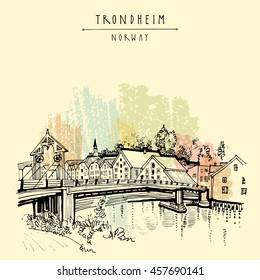 Old Town Bridge (Gamle Bybro or Bybroa) in Trondheim, Norway, Europe. Riverside, old historic wooden houses and a church. Hand drawing. Vintage touristic postcard, poster, book illustration