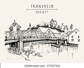 Puente de la Ciudad Vieja (Gamle Bybro o Bybroa) en Trondheim, Noruega, Europa. Riverside, antiguas casas históricas de madera y una iglesia. Dibujo manual. Postal turística, afiche, ilustración de libro