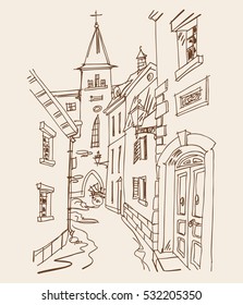 Old town and Castle on the sea shore. Vector illustration.