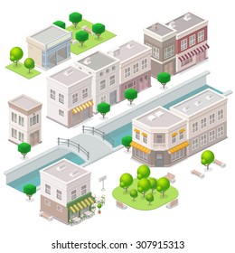 Old town. City buildings, river with the bridge, cafe, hotel and shop. Set of the isometric vector elements.