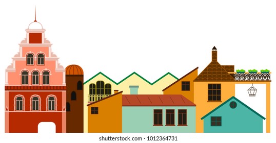 Old town cityscape. Vector colorful panoramic view of houses.