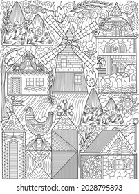 Old Town Doodle Wind Mill Houses Colorless Line Drawing. Classic Village Doodling Set Tall Towers House Mills Coloring Book Page.