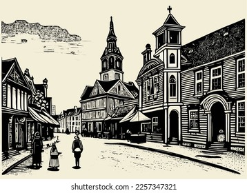 Old town engraving. Black and white rustic vintage vector illustration for label.