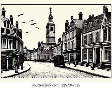 Old town engraving. Black and white rustic vintage vector illustration for label.